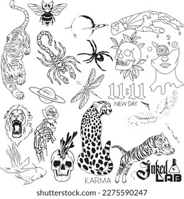 set of hand drawn Tattoo Vector Artwork.Handcrafted Tattoo Vector Graphics