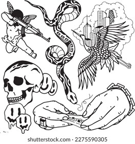 Handgezeichneter Tattoo-Vektorgrafik-Set.Handgefertigte Tattoo-Vektorgrafiken