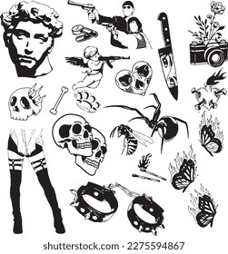 set of hand drawn Tattoo Vector Artwork.Handcrafted Tattoo Vector Graphics