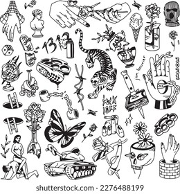 set of hand drawn Tattoo Vector Artwork.Handcrafted Tattoo Vector Graphics