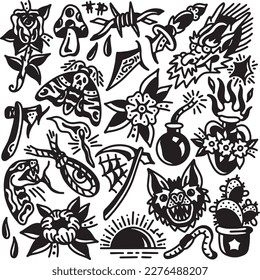 set of hand drawn Tattoo Vector Artwork.Handcrafted Tattoo Vector Graphics