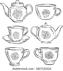 Set of hand drawn tea cups and teapots with rose decorations, vector illustrations.