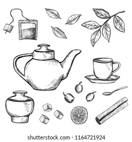 Set of hand drawn tea icons isolated on white background. Sketched teapot, cup, tea leaves, sugar bowl etc. Black and white vector illustration