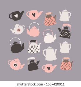 Set of hand drawn tea pots isolated on brown with lettering. Doodle illustration. Set of cute scandinavian style elements in warm autumn colors. Interior, home decor. Vector. Isolated