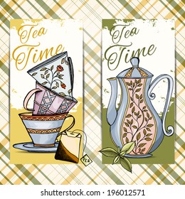 set of hand drawn tea time cards Vector illustration can be used for website background and greeting cards or cover decoration