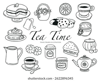 Set of hand drawn tea time outline drawing  food illustration
