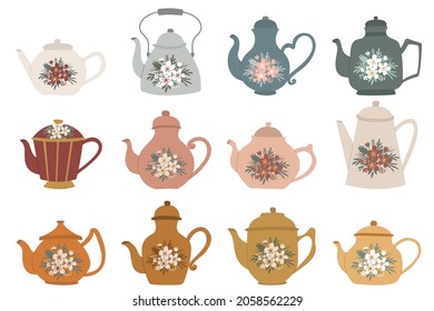 conjunto de hervidor de tetera dibujado a mano con decoración de ramo de flores