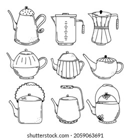 Set of hand drawn teapots or coffee pots isolated on a white background. Doodle, simple outline illustration. It can be used for decoration of textile, paper and other surfaces.