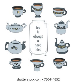 set of hand drawn teapots and cups