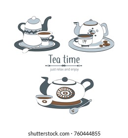 set of hand drawn teapots and cups