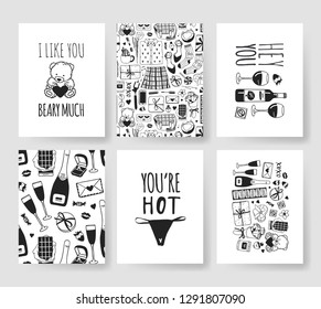 Set of Hand drawn Templates Fashion Cards with Romantic Objects and quote. Creative ink art work. Actual vector drawing of Holiday things. Happy Valentine's Day Illustration