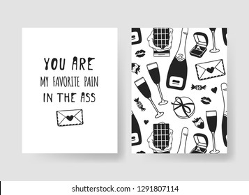 Set of Hand drawn Templates Fashion Cards with Romantic Objects and quote. Creative ink art work. Actual vector drawing of Holiday things. Happy Valentine's Day Illustration