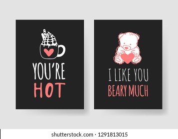 Set of Hand drawn Templates Fashion Cards with Romantic Objects and quote. Creative ink art work. Actual vector drawing of Holiday things. Happy Valentine's Day Illustration