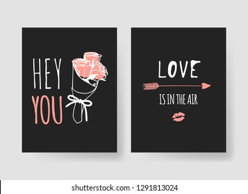 Set of Hand drawn Templates Fashion Cards with Romantic Objects and quote. Creative ink art work. Actual vector drawing of Holiday things. Happy Valentine's Day Illustration