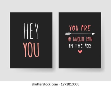 Set of Hand drawn Templates Fashion Cards with Romantic Objects and quote. Creative ink art work. Actual vector drawing of Holiday things. Happy Valentine's Day Illustration