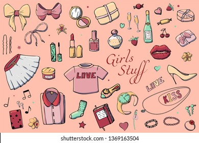 Set of Hand drawn Templates Fashion illustration with Girls Stuff. Set of women's clothing, jewelry, cosmetics, gifts and romance. Actual vector drawing of lovely things. Interests of a young  girl.