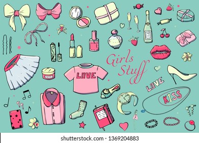 Set of Hand drawn Templates Fashion illustration with Girls Stuff. Set of women's clothing, jewelry, cosmetics, gifts and romance. Actual vector drawing of lovely things. Interests of a young  girl.