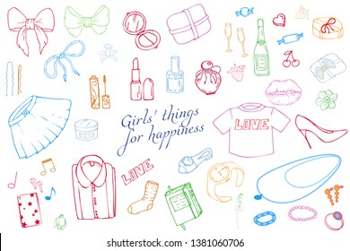 Set von handgezeichneten Vorlagen Modegrafik mit Girls Stuff. Set von Frauenkleidung, Schmuck, Kosmetik, Geschenken und Romantik. Tatsächliche Vektorgrafik von schönen Dingen. Interessen eines jungen Mädchens.