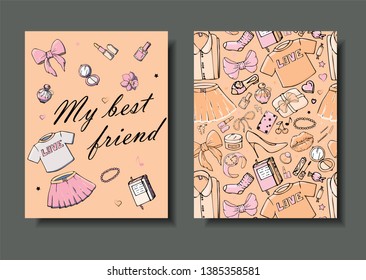 Set of hand drawn templates fashion cards with girls things, romantic objects and phrases. Postcards with women's clothing, jewelry, cosmetics and gifts. Actual vector drawing of lovely things.