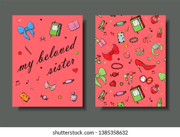 Set of hand drawn templates fashion cards with girls things, romantic objects and phrases. Postcards with women's clothing, jewelry, cosmetics and gifts. Actual vector drawing of lovely things.