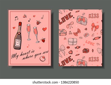 Set of hand drawn templates fashion cards with girls things, romantic objects and phrases. Postcards with women's clothing, jewelry, cosmetics and gifts. Actual vector drawing of lovely things.