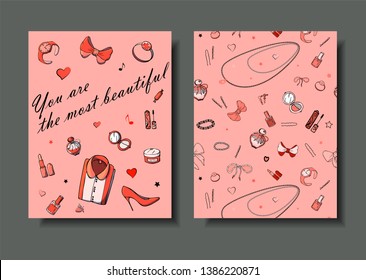 Set of hand drawn templates fashion cards with girls things, romantic objects and phrases. Postcards with women's clothing, jewelry, cosmetics and gifts. Actual vector drawing of lovely things.
