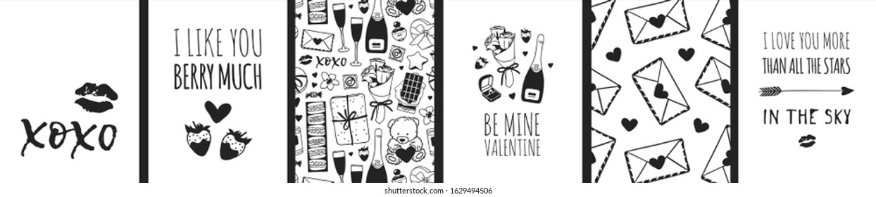 Set of Hand drawn Templates Fashion Cards with Romantic Objects and quote. Creative ink art work. Actual vector drawing of Holiday things. Happy Valentine's Day Illustration