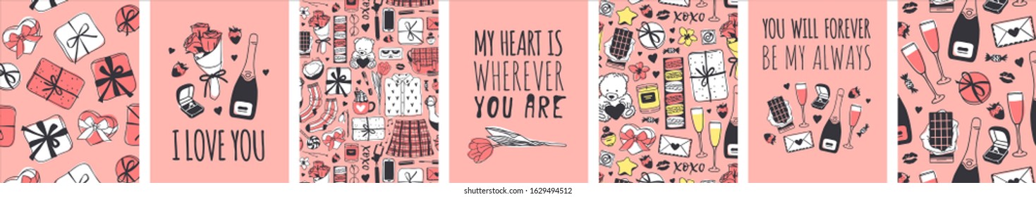 Set of Hand drawn Templates Fashion Cards with Romantic Objects and quote. Creative ink art work. Actual vector drawing of Holiday things. Happy Valentine's Day Illustration