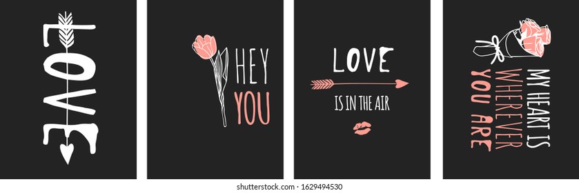 Set of Hand drawn Templates Fashion Cards with Romantic Objects and quote. Creative ink art work. Actual vector drawing of Holiday things. Happy Valentine's Day Illustration