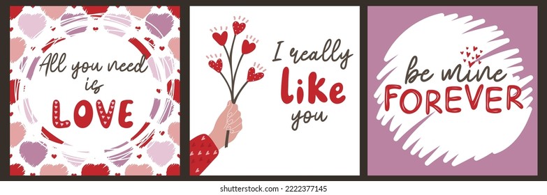 Set of hand drawn templates greeting cards with romantic objects and quotes. Square Valentine's day posters. Vector illustration