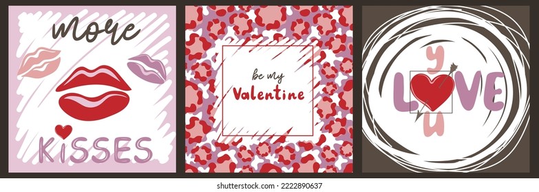 Set of hand drawn templates greeting cards with romantic objects and quotes. Square Valentine's day posters. Vector illustration