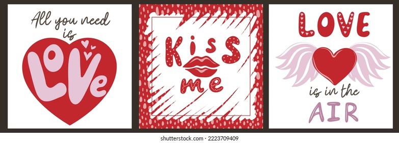 Set of hand drawn templates greeting cards with romantic objects and quotes. Square Valentine's day posters. Vector illustration