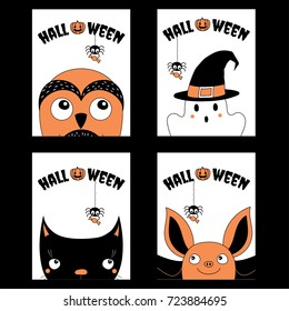 Set of hand drawn templates for Halloween greeting cards, invitations, posters, in orange, black and white, with cute cartoon characters and text. Vector illustration. Design concept for children.