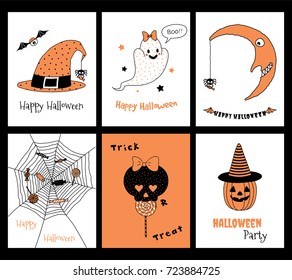 Set of hand drawn templates for Halloween greeting cards, invitations, posters, in orange, black and white, with cute cartoon characters and text. Vector illustration. Design concept for children.