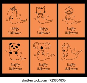 Set of hand drawn templates for Halloween greeting cards, invitations, posters, in orange and black, with cute ghost animals and text. Vector illustration. Design concept for children.