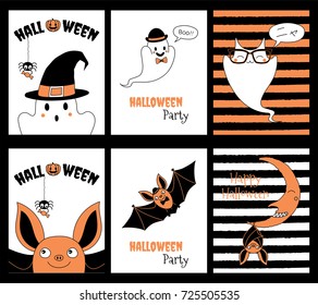 Set of hand drawn templates for Halloween greeting cards, invitations, posters, in orange, black and white, with cute cartoon characters and text. Vector illustration. Design concept for children.