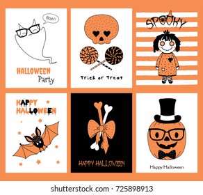 Set of hand drawn templates for Halloween greeting cards, invitations, posters, in orange, black and white, with cute cartoon characters and text. Vector illustration. Design concept for children.