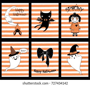 Set of hand drawn templates for Halloween greeting cards, invitations, posters, in orange, black and white, with cute cartoon characters and text. Vector illustration. Design concept for children.