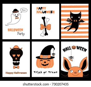 Set of hand drawn templates for Halloween greeting cards, invitations, posters, in orange, black and white, with cute cartoon characters and text. Vector illustration. Design concept for children.