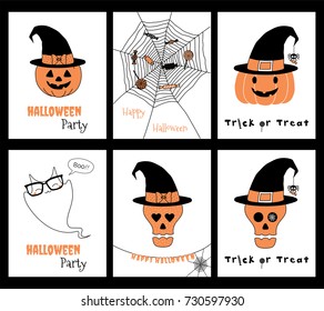 Set of hand drawn templates for Halloween greeting cards, invitations, posters, in orange, black and white, with cute cartoon characters and text. Vector illustration. Design concept for children.