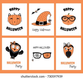 Set of hand drawn templates for Halloween greeting cards, invitations, posters, in orange, black and white, with cute cartoon characters and text. Vector illustration. Design concept for children.