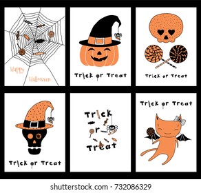Set of hand drawn templates for Halloween greeting cards, invitations, posters, in orange, black and white, with cute cartoon characters and text. Vector illustration. Design concept for children.