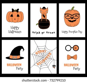 Set of hand drawn templates for Halloween greeting cards, invitations, posters, in orange, black and white, with cute cartoon characters and text. Vector illustration. Design concept for children.