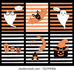 Set of hand drawn templates for Halloween greeting cards, invitations, posters, with cute cartoon characters, ghost cat Meow (Nya) in Japanese. Vector illustration. Design concept for children.