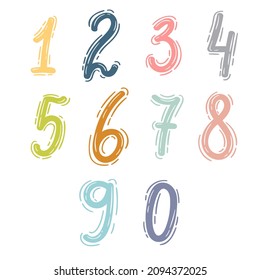 Set of hand drawn ten numbers from zero to nine. Numeral. Doodle style. Vector illustration