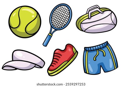 Set of Hand drawn tennis element. collection of tennis ball, racket, bag, hat, shoes, shorts Isolated Vector