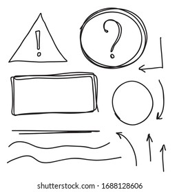 Set hand drawn text box and frames, quotes, question, exclamation mark, arrow,  underline felt-tip pen objects. Vector illustration.