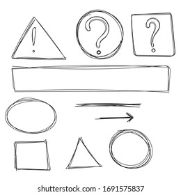 Set hand drawn text box and frames, quotes, question, exclamation mark, arrow,  underline felt-tip pen objects. Vector illustration.