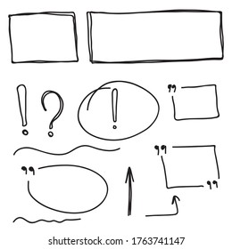 Set hand drawn text box and frames, quotes, question, exclamation mark, arrow,  underline felt-tip pen objects. Vector illustration.
