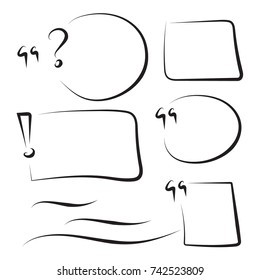 Set hand drawn text box and frames, quotes, question, exclamation mark, underline felt-tip pen objects. Vector handdrawn elements.